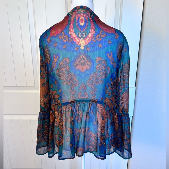 Soft Surroundings Sheer Blouse Embroidery Tassels Bell Sleeve Sz Small - Picture 4 of 12